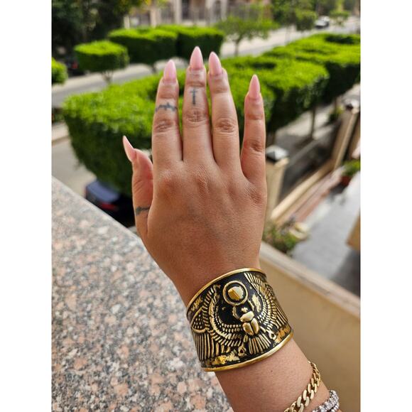 Winged Scarab Sun Bangle – Handmade Egyptian Brass Cuff for Luck & Protection - Picture 2 of 7